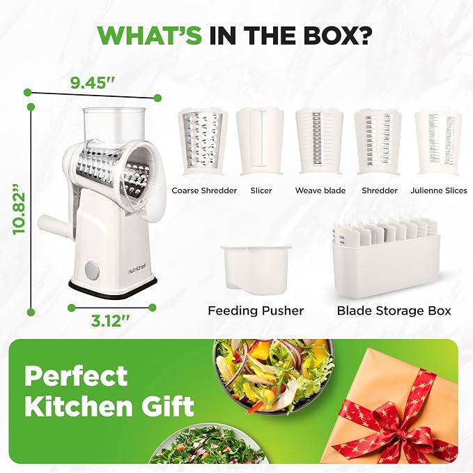 NutriChef 5 in 1 Cheese Grater & Shredder | 5 Different Blades for Thin, Thick, Julienne Strips, Wavy, & Straight Strips | Includes Hand Crank, Strong Suction Base & Storage Container | White