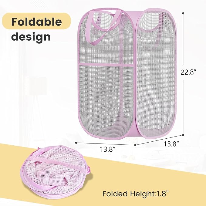 HOUSE AGAIN 2Pack Strong Mesh Pop Up Laundry Hamper, 70L Collapsible Laundry Basket with Steel Frame, Double‑Stitched Handles & Side Pocket, Foldable Dirty Clothes Hamper for Dorm, Bedroom, Light Pink