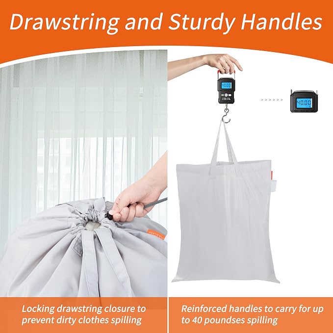 Extra Heavy-Duty Laundry Bag with Handles, Silver, 21x24” | Medium Size, Name ID Tag, Machine Washable, Reinforced Handles, Drawstring Closure, For College Dorm Travel