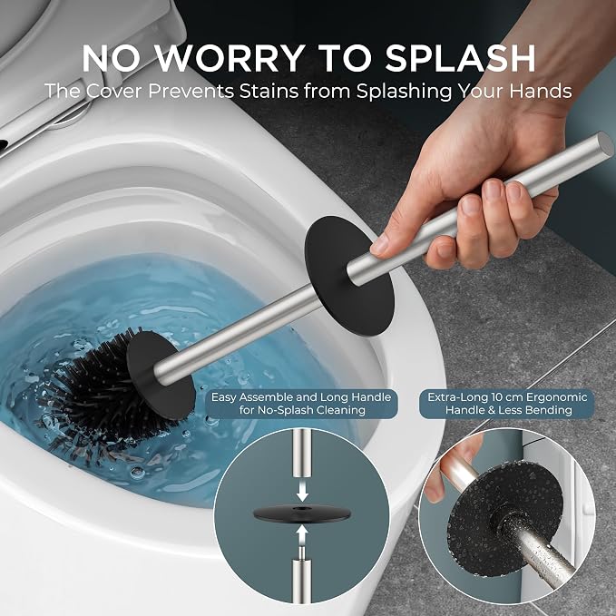 FORIOUS Tall Toilet Brush and Holder Set, Heavy Duty 304 Stainless Steel Base Square and Long Handle for Bathroom Deep Cleaning, Space Saving for Storage, 2 Toilet Bowl Brush Head, Brushed Nickel