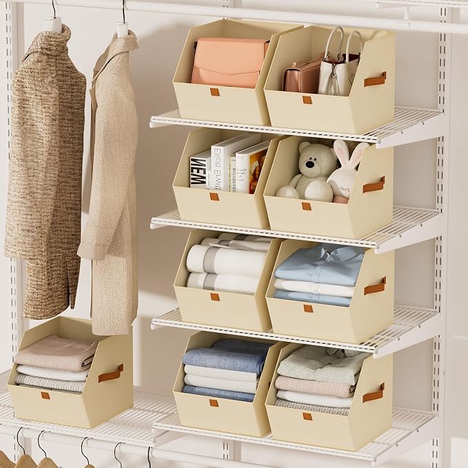 Homsorout Fabric Closet Storage Cubes - 10 Pack Square Storage Bins with Dual Handles for Clothes, Towels, Toys, Cube Storage Organizers for Bedroom, Nursery, Shelves, Closet, Small Spaces, Beige