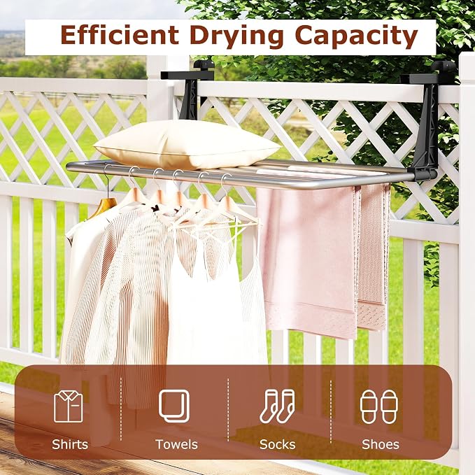 Giantex Portable Clothes Drying Rack, 25.5" Aluminum Hanging Laundry Rack with Adjustable and Foldable Brackets, Radiator Airer, Indoor Outdoor Towel Rack for Balcony Railings, Windowsill