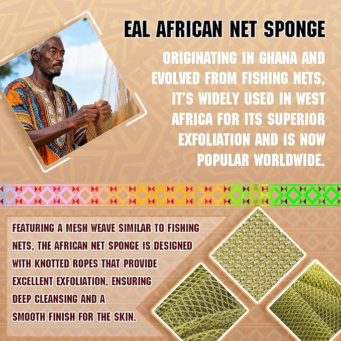 Real African Net Sponge - 2 Pieces Authentic Exfoliating Body Scrubbers - Ultra-Gentle for Sensitive/Dry/Oily Skin - Shower & Bath Essential (Army Green & Yellow)