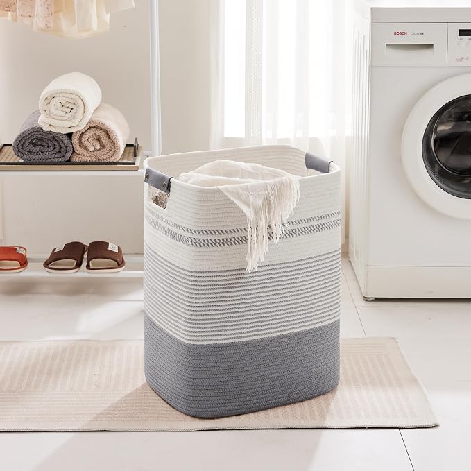 75L Tall Woven Laundry Basket Hamper with Leather Handles,Grey | collapsible wicker hamper, storage for dirty clothes, toys, blankets, gifts, living room, bedroom, bathroom, 16"x13"x22"