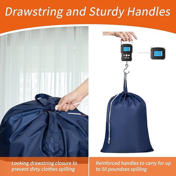 Extra Heavy-Duty Laundry Bag with Handles, Navy, 28x36" | Extra Large, Machine Washable, Reinforced Handles, Drawstring Closure, Name ID Tag, For College Dorm Travel