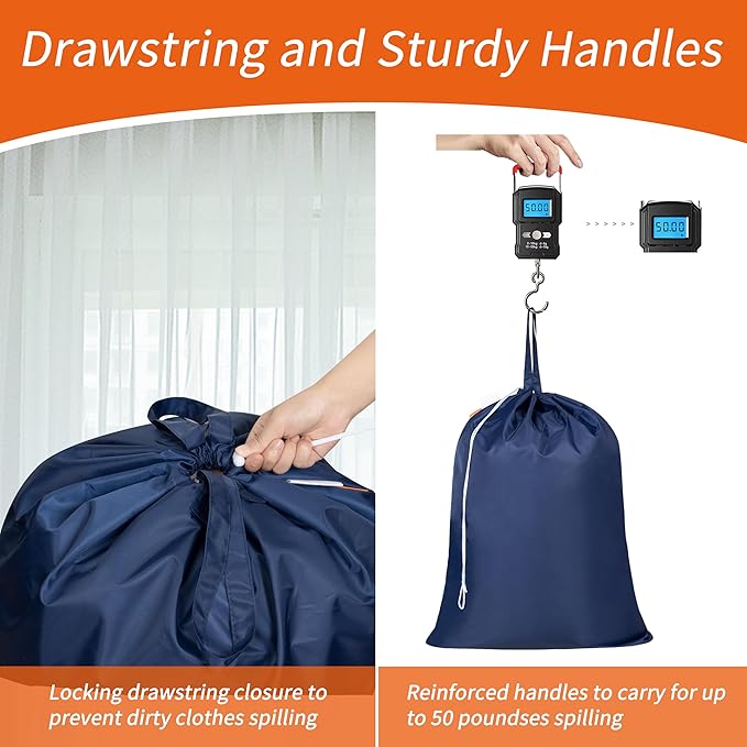 2 Pack Extra Heavy-Duty Laundry Bag with Handles, Navy, 28x36" | Extra Large, Machine Washable, Reinforced Handles, Drawstring Closure, Name ID Tag, For College Dorm Travel