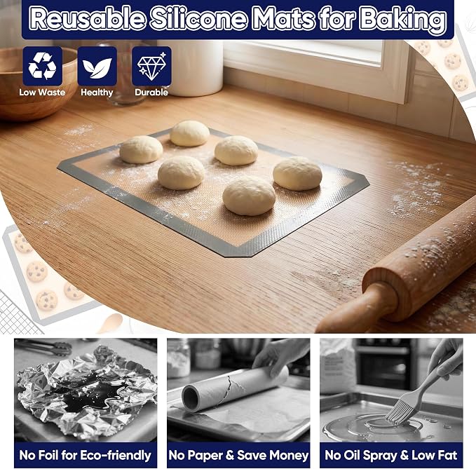 E-far Mini Silicone Baking Mat, 2-Pack Nonstick Reusable Silicone Mats for Toaster Oven Pan Baking Cookie, Fit 7”x9” Rectangle Sheet Tray for Bacon, Food Grade & Heat-Resistant & Dishwasher Safe, Gray