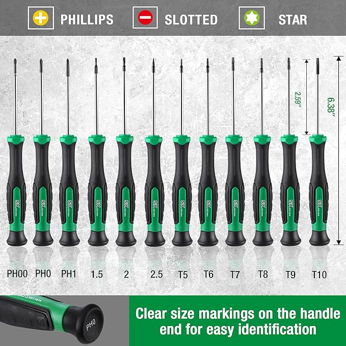 SK 12-Piece Mini Screwdriver Set, Precision Screwdriver Set, Small Kit | Micro Electronics Screwdrivers, Magnetic Slotted/Phillip/Star Tips, Premium Alloy Steel, SureGrip Handle, with Zipper Pouch