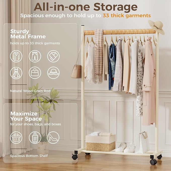 White Clothing Rack for Hanging Clothes, Portable Rolling Clothes Rack with Wheels, Heavy-Duty Metal Garment Racks with Bottom Shelf, Large Load Capacity & Easy Assembly
