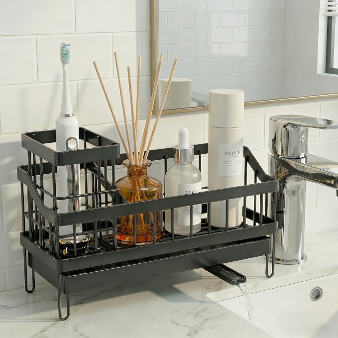 Sink Caddy with 360° Rotating Self Draining, Countertop Sponge Holder, Sink Side Organizer for Bottle Brushes, Sink Accessories for Kitchen, Bathroom - Black