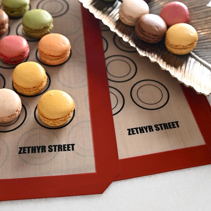 Macaron Silicone Baking Mats - Set of 2 - Full Size - 16 x 24 in (40 x 60 cm), Non-Stick Macaron Mat for Perfect Baking - Dishwasher & Oven Safe, Ideal for Macarons, Cookies, Bread, Red Border