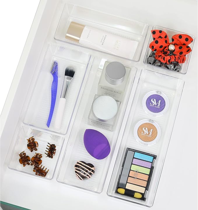 Simple Houseware Clear Desk Drawer Organizer, 3.25"x 6.25", 6 Packs | For Desk, Office, Bathroom, Makeup, and Craft Storage