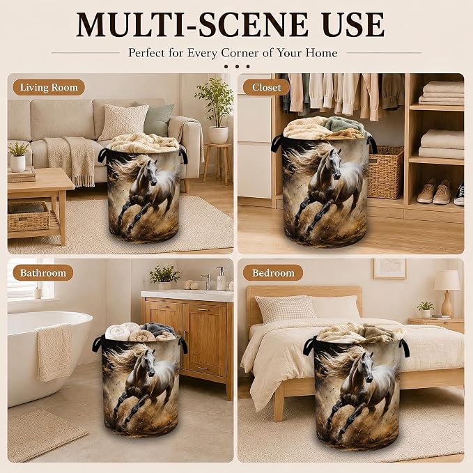 Running White Horse Decorative Laundry Hamper, Tall Foldable Oxford Clothes Basket with Handles, Lightweight Dirty Clothes Holder for Bedroom Bathroom Laundry Room