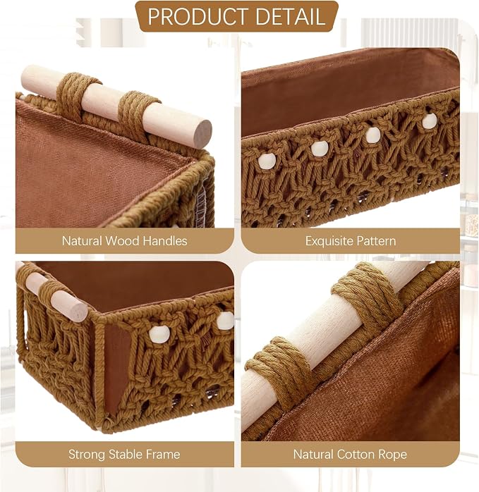 Vesici 4 Pcs Rustic Brown Macrame Storage Basket for Shelves 13 in 11 in Boho Basket Hand Woven Boxes with Wood Handles Beads Decorative Countertop Toilet Tank Cabinet Organizer for Home Room Decor