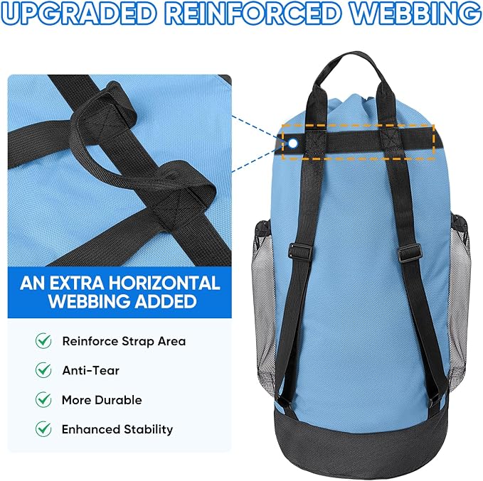 BALEINE 120L Laundry Bag Backpack, 900D Oxford Fabric Large Travel Laundry Bags with Shoulder Straps and 2 Mesh Pockets for College Dorm, Apartment, Laundromat (Blue, 120L)