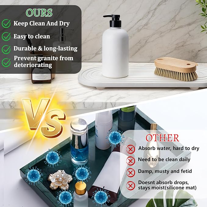 Instant Dry Sink Caddy Organizer, Fast Drying Sink Caddy, Water Absorbing Stone Sponge Holder for Kitchen and Bathroom Countertop with Natural Loofah and Wooden Feet