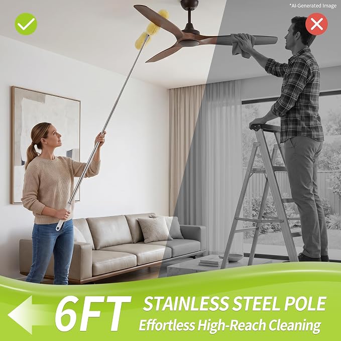 IVYROLL Dual Head Duster with Extended Handle 6 ft | Lockable Extendable Duster Kit with Extension Pole for High Ceiling Fan & Wall, 8 Refills