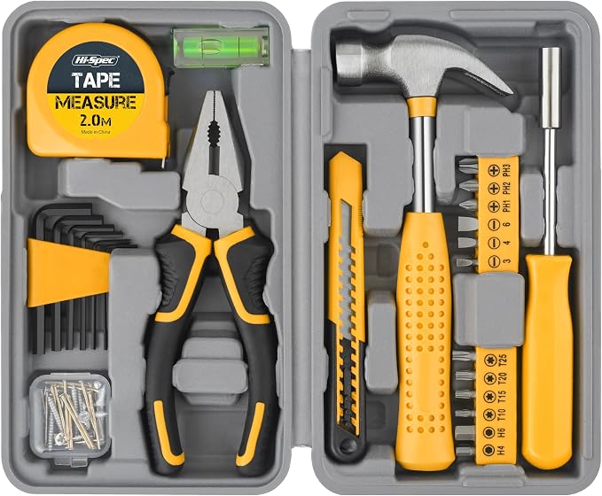 Hi-Spec Small Tool Kit Compact Set for Home and Office DIY, Yellow | 25pc, Mini Tool Box, Basic Household Repairs, Starter Toolkit, Compact Case, Everyday Fixes, Apartment and office tool set