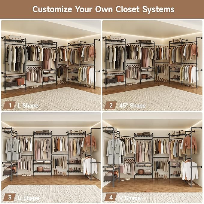 Wall Mounted Garment Rack, Industrial Pipe Clothing Rack, Closet System with 6 Expandable Rods, Walk in Closet Shelving, Clothes Organizers and Storage, Hanging Racks Wardrobe Renovation, Black