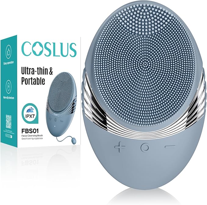 COSLUS FBS01 Facial Cleansing Brush Face Scrubber, Compact for Travel | Rechargeable, Gentle Silicone, 5 Cleansing Modes, Deep Cleaning for Men & Women, Removing Blackhead Exfoliating, Hazy Blue