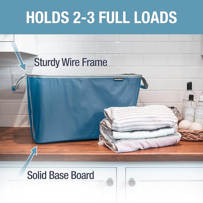 CleverMade Collapsible Laundry Basket, 60L, 2 Pack, Denim | Each basket supports 55 lb and stays upright while loading, then folds to 1.25 inches for closets, dorms, and RVs.