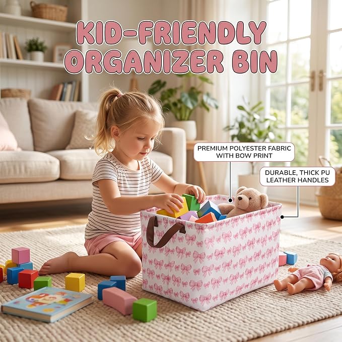 Pink Bow Storage Gift Basket: Waterproof Polyester Collapsible Storage Bin
