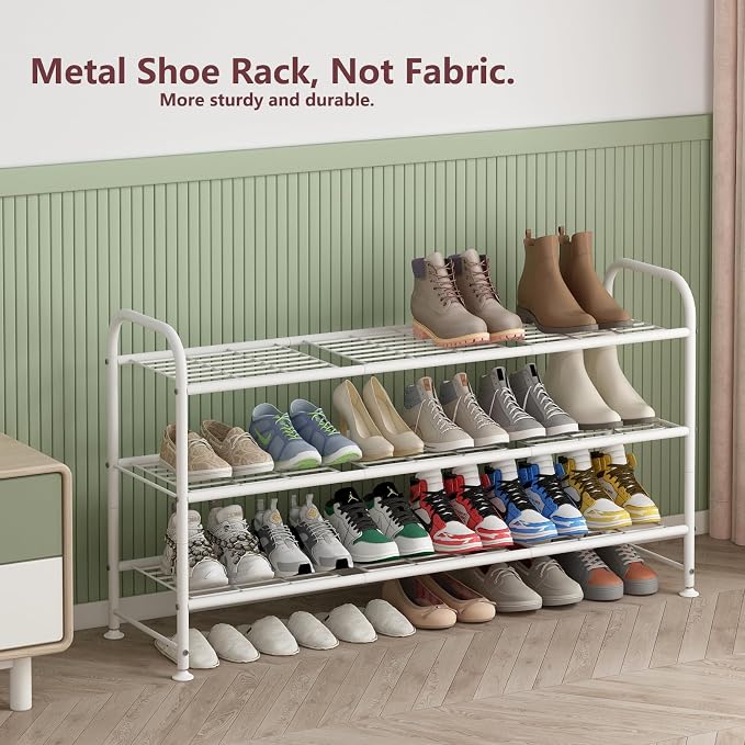 LINZINAR 3 Tier Long Shoe Rack for Closet Metal Shoe Organizer for Entryway | Spacious design stores 20+ pairs of shoes,durable metal frame,space-saving organizer for closet, hallway, and Entryway White