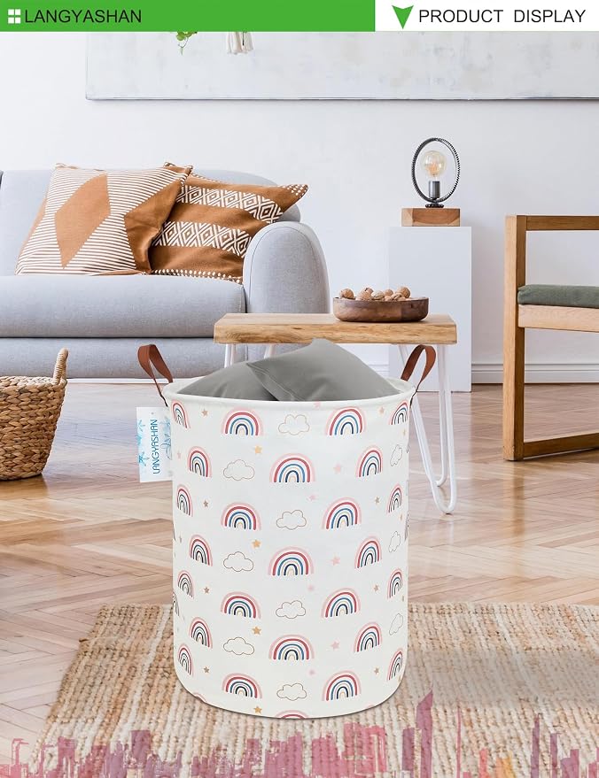 Round Laundry Basket Collapsible Storage Hamper Cloud Rainbow | Waterproof Canvas Foldable Baskets with sturdy Handles Multi-scene Organizer for Home Play Bedroom Gift Bin