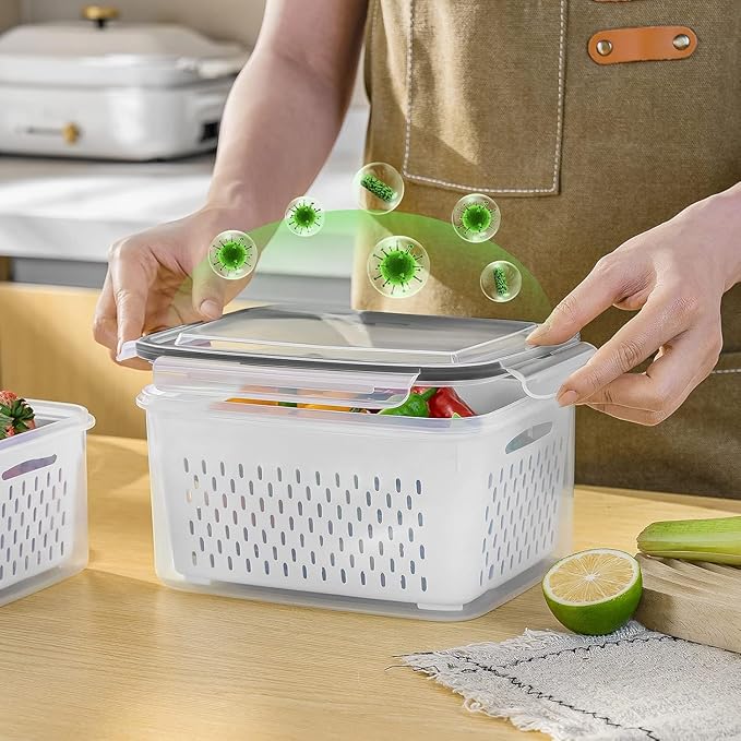8 PCS Fruit Storage Containers for Fridge, Leakproof Produce Containers | For Fridge with Removable Colander, Microwave/Dishwasher Safe Fruit Washing Bowl Keep Fruits, Vegetables, Berry Fresh longer