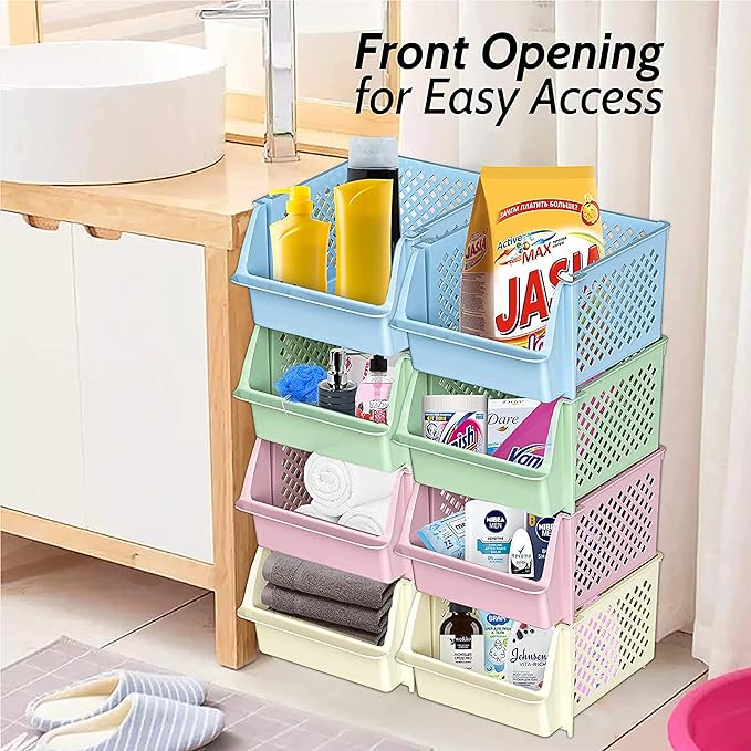 Skywin Stackable Storage Bins Open Front for Pantry Storage, 4 Pack - Multi | Sturdy Plastic, Easy Stacking, Open Front Access, Ventilated Sides, Vertical & Space Saving Pantry Organizers and Storage Bin