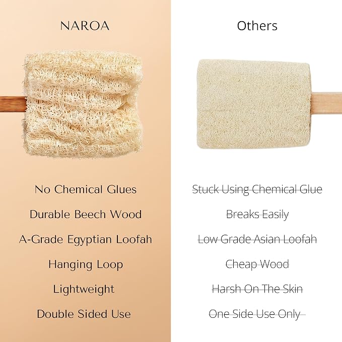 NAROA Natural Loofah with Handle | Back Scrubber for Shower | Exfoliating Bath Sponge on a Stick with Long Handle for Men and Women