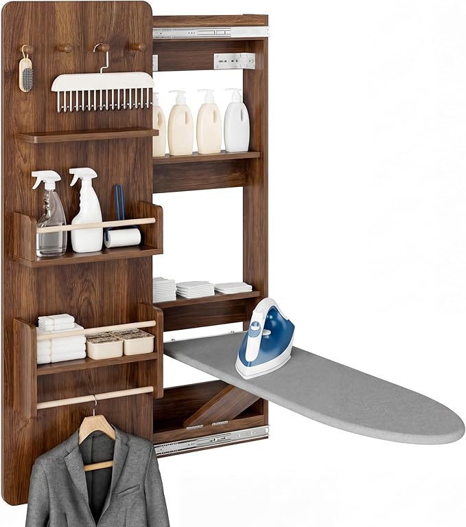 Kikihouse Wall Mounted Ironing Board Cabinet with Storage, Foldable Wall Ironing Board with Sliding Door, Wall Mount Space Saving Ironing Station for Laundry Room, Living Room, Entrance (Walnut)