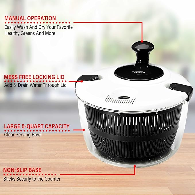 Brentwood Salad Spinner with 5-Quart Serving Bowl (Black)
