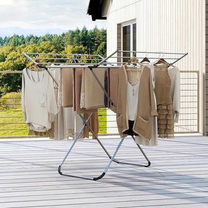 Giantex Foldable Clothes Drying Rack, Freestanding Aluminum Laundry Drying Rack with 2 Side Wings, Portable Space-Saving Clothing Airer for Indoor Outdoor Use