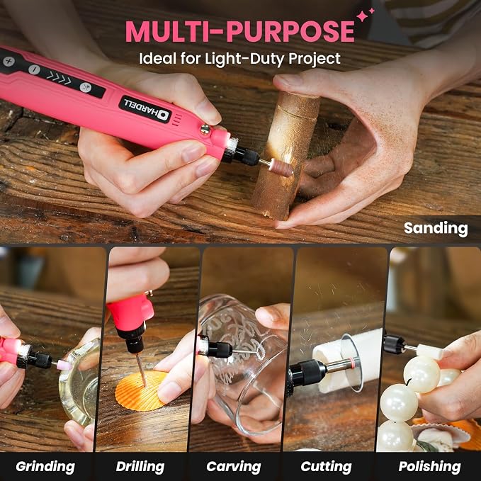 HARDELL Mini Cordless Rotary Tool, 5-Speed 3.7V Rechargeable Rotary Tool Kit with 69 Accessories, USB Charging Multi-Purpose DIY Tool for Sanding, Polishing, Drilling, Engraving(Pink 69pcs)