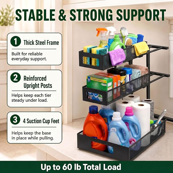 3 Tier Under Sink Organizer,2 Pack Pull Out Cabinet Shelves with Adjustable Height,Heavy Duty Carbon Steel L-Shaped Storage for Kitchen Bathroom Sink,Pantry & Laundry,Black