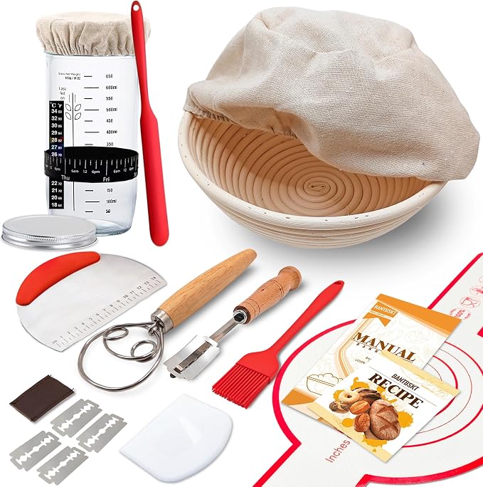 Complete Sourdough Starter Kit, Sourdough Bread Baking Supplies, Banneton Bread Proofing Basket with Sourdough Starter Jar, 9inch Round Bread Proofing Basket, for Bread Baking