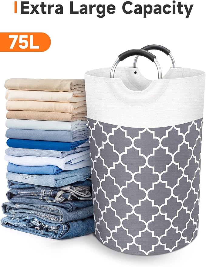 Fabspace Large Laundry Basket Laundry Hamper Bag Washing Bin Clothes Bag Collapsible Tall with Handles Waterproof Travel Bathroom College Essentials Storage for College Dorm, Family (Grey) 75L | Freestanding Laundry Hamper, Waterproof Dirty Clothes Sto...