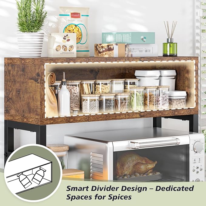 EnHomee 4-Tier Microwave Stand for Kitchen Storage, Brown | 205 lb Capacity, Adjustable Kitchen Shelves with 9 Hooks & Cutting Board Rack
