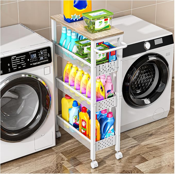 Vivihomety 4-Tier Laundry Utility Rolling Cart with Wheels, Kitchen & Bath | Narrow 8.1" wide, lockable wheels, wood top panel, metal frame, for laundry room, small spaces, pantry, tight gaps, White