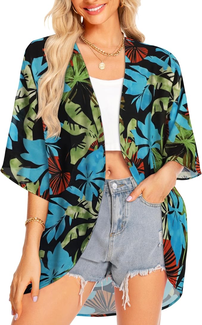 Women Kimono Cardigans Summer Cover Up Hawaiian Shirts Floral Print Tops | ROSEMIA chiffon kimono open front cardigans, beach cover ups, daily casual tops, cruise outfits, summer resort wear