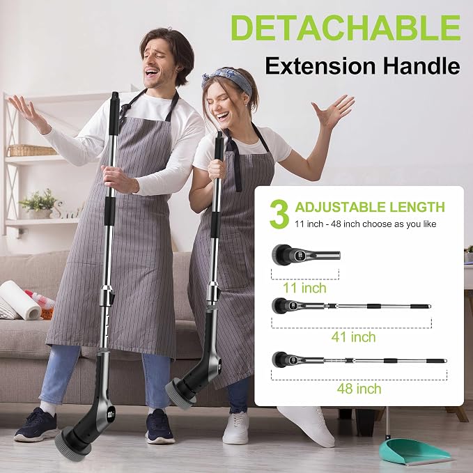 WKY-Electric Spin Scrubber - 10-in-1 Cordless Shower Scrubber & Cleaning Brush with Extendable Handle, 42 in-lbs Ultra High Torque, 2 Speeds, IPX7, LED Display, Smart AI Chip, for Bathroom, Kitchen