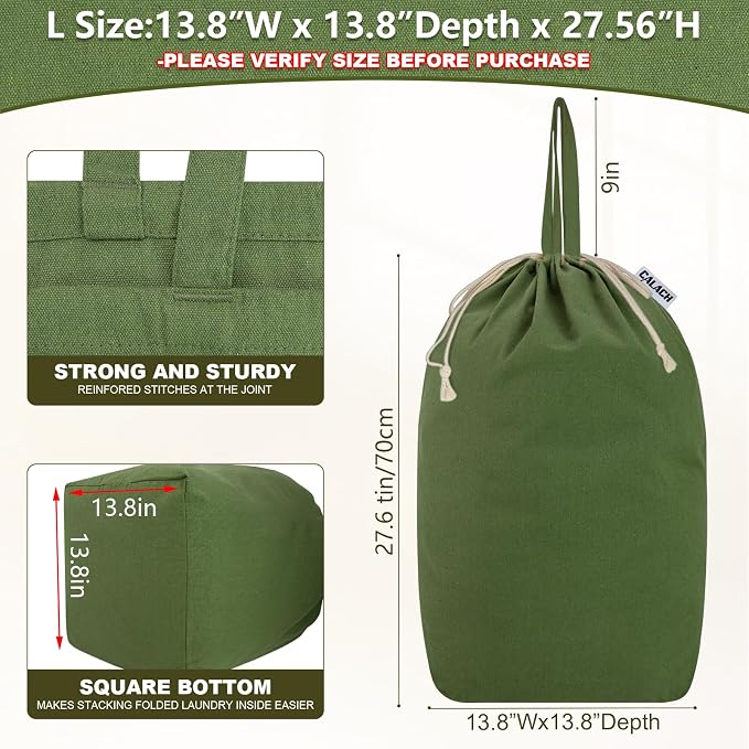Canvas Laundry Bags with Handles & Square Base 13.8"Wx13.8"Dx27.6"H | Extra Large Heavy Duty Laundry Basket Hamper Liner Replacement, Washable Drawstring Dirty Clothes Bag, Army Green