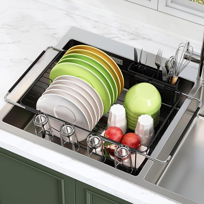 Over Sink Expandable Dish Drainer Drying Rack In Stainless Steel for Small Kitchen, Counter Space Saving Modern Black Compact Metal Above Plate Dryer Strainer, Adjustable Hanging Inside Drain Holder