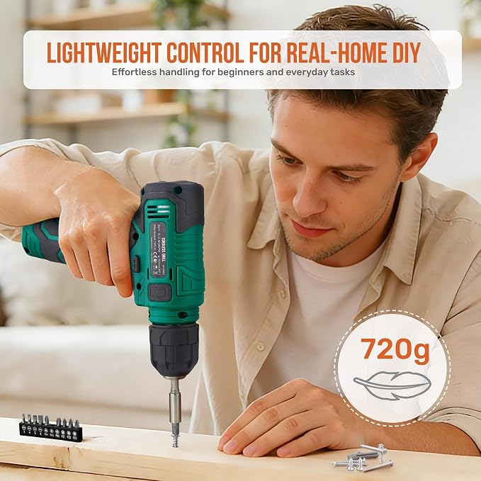 Hi-Spec 8V Cordless Drill and Tool Kit with Essential Hand Tools, Green | Power USB Rechargeable, Home Improvement, faster holes and screwdriving, portable, light-duty project, home setup help