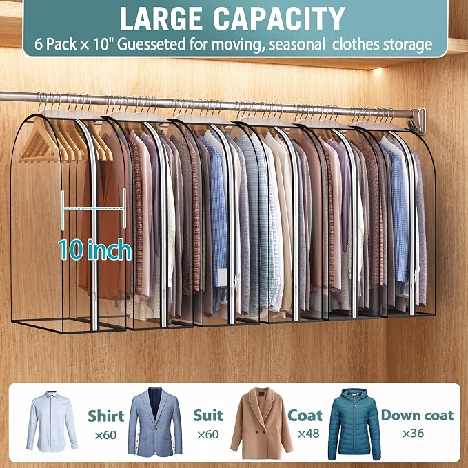 Liuoud Clear Garment Bag for Hanging Clothes 10” Gusseted, 32” Suit Bags for Open Closet Storage Plastic Clothes Cover for Coat, Dress, Shirts, Fur, Jacket, Wardrobe Protectors, 6 Pack