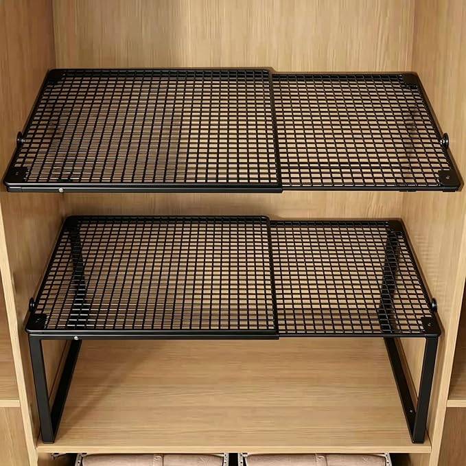 2 in 1 Expandable Floating Metal Cabinet Shelf, Black, 1pc | Adjustable, Anti-Rust Heavy Duty, 2 In 1, 15-24.4 Inch, Stand or Float, For Kitchen Pantry, Closet, Wardrobe
