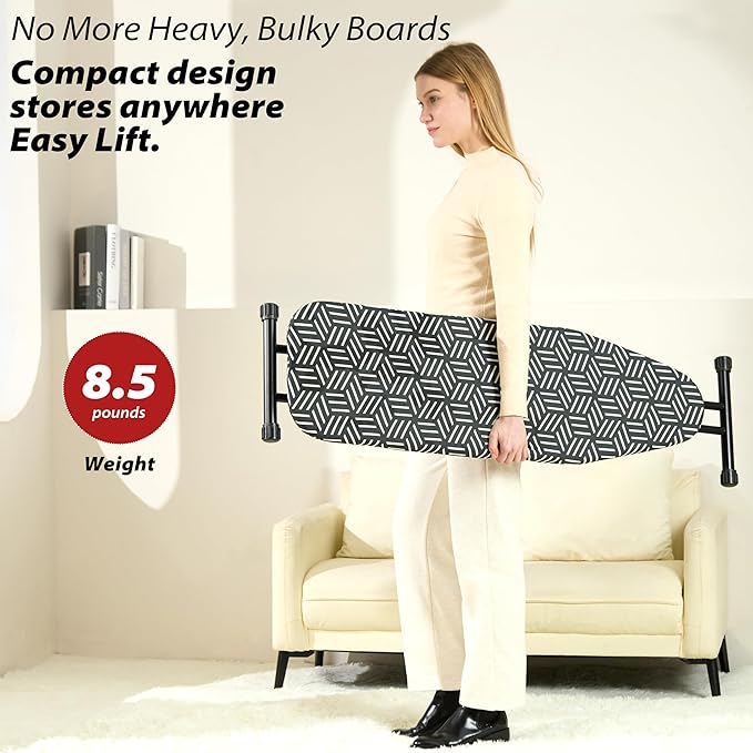 caius Ironing Board with Extra Thick Heavy Duty Padded Cover, Full Size Iron Board, Full Metal Construction, Easy to Fold, Adjustable Height (43x13in Black)