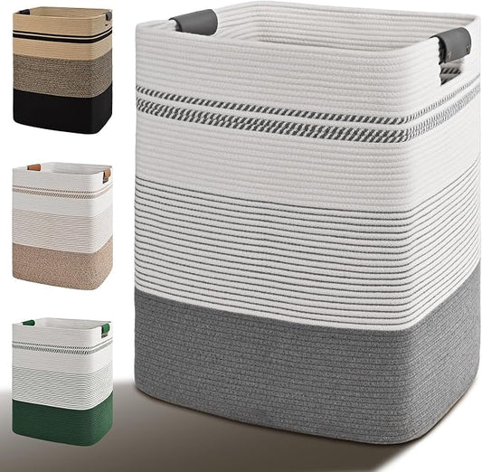 Laundry Hamper, 85L Tall Laundry Basket with Leather Handles, Rectangle Large Clothes Hamper for Organizing, Cotton Woven Laundry Baskets Storage Hampers for Bedroom, Nursery, Living Room