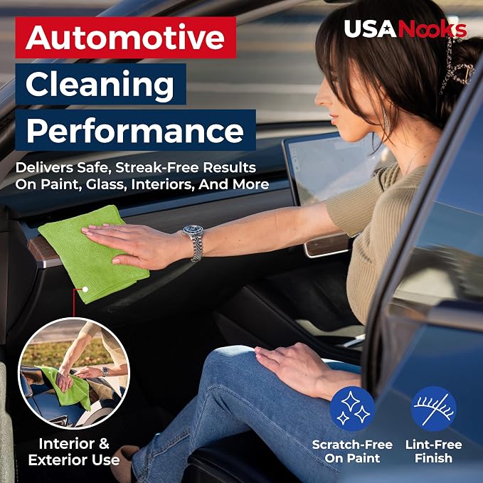 USANOOKS Microfiber Cleaning Cloth Light Green - 12 Pcs 12.5"x12.5" - High Performance - 1200 Washes, Ultra Absorbent Towels Weave Grime & Liquid for Streak-Free Mirror Shine - Car Washing Cloth
